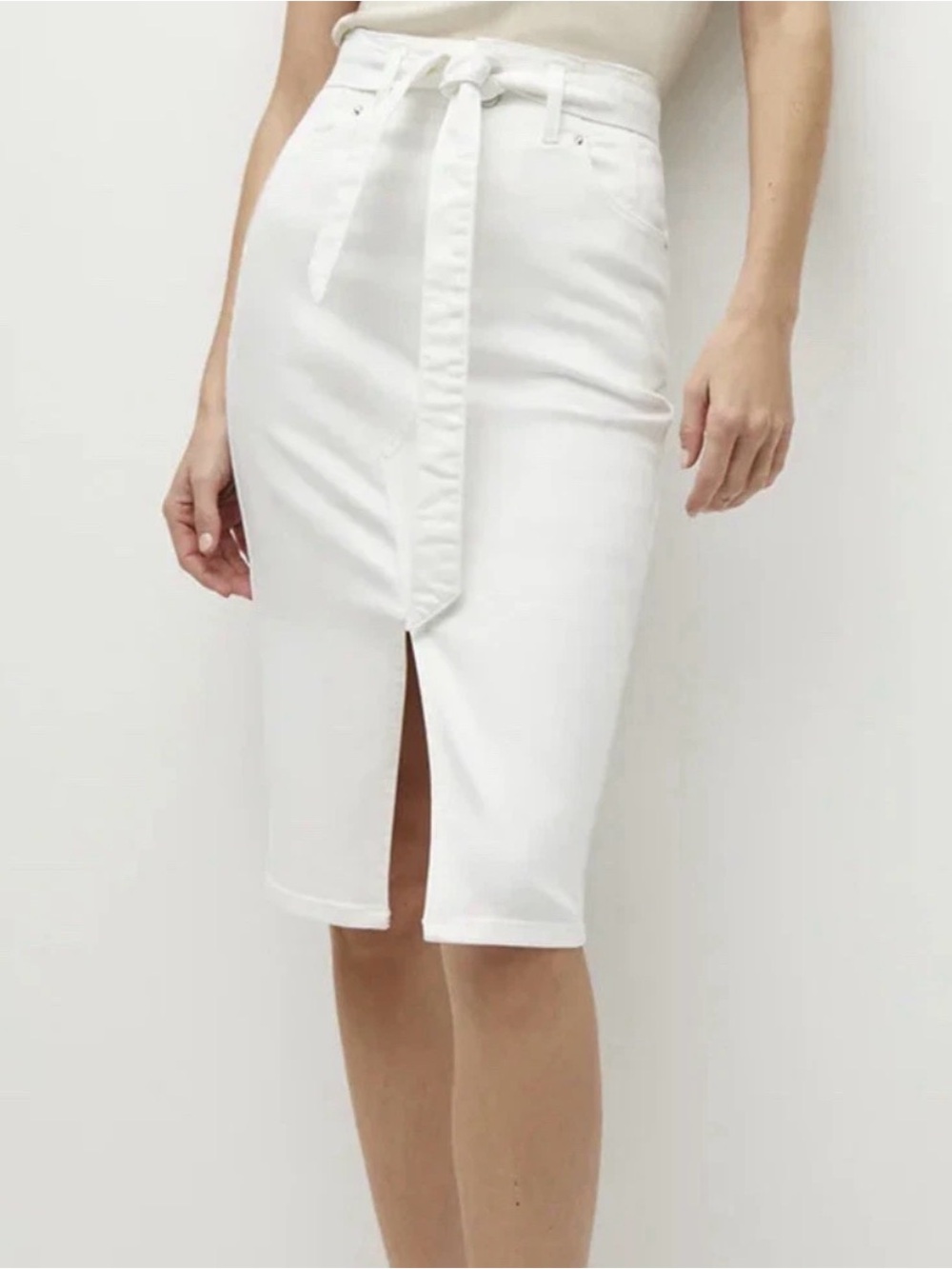 Veronica Beard White Denim Nazia Pencil Skirt Front Slit Tie Waist Size 4